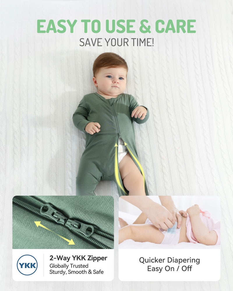 HAPIU Rayon from Bamboo Baby Footed Pajamas, 2 Way Zipper YKK, Footie for Baby Boy Girls, Newborn-24 Months, 2-Pack, Moonlight Blue&Dark Forest Green, 12-18 Months - Image 4